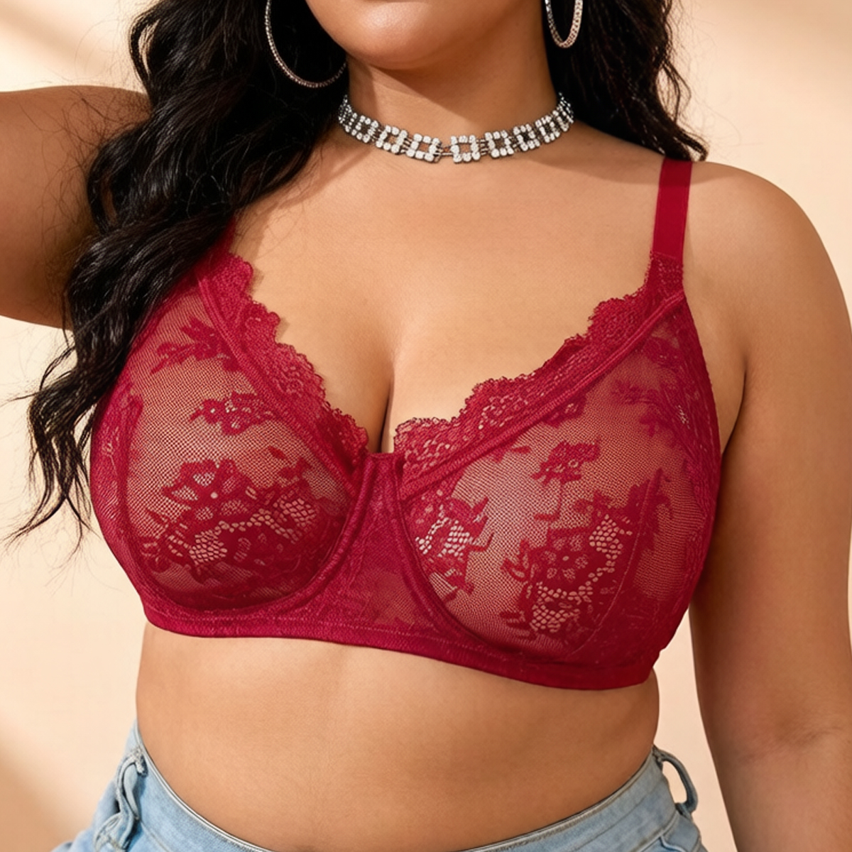 Women Plus Size Red Lace Sheer - Full Coverage Bra บทวิจารณ์และราคา
