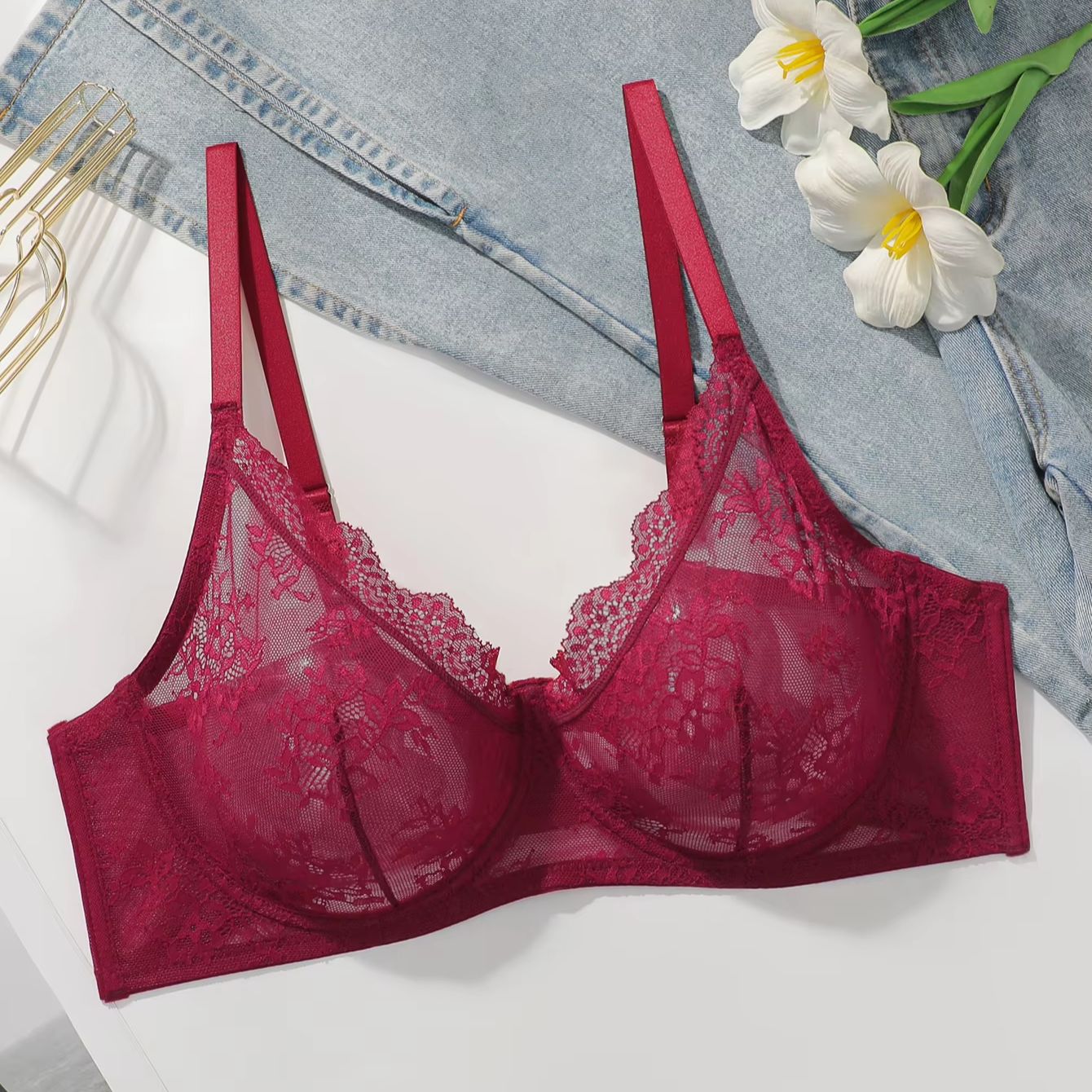 Women Plus Size Red Lace Sheer - Full Coverage Bra บทวิจารณ์และราคา