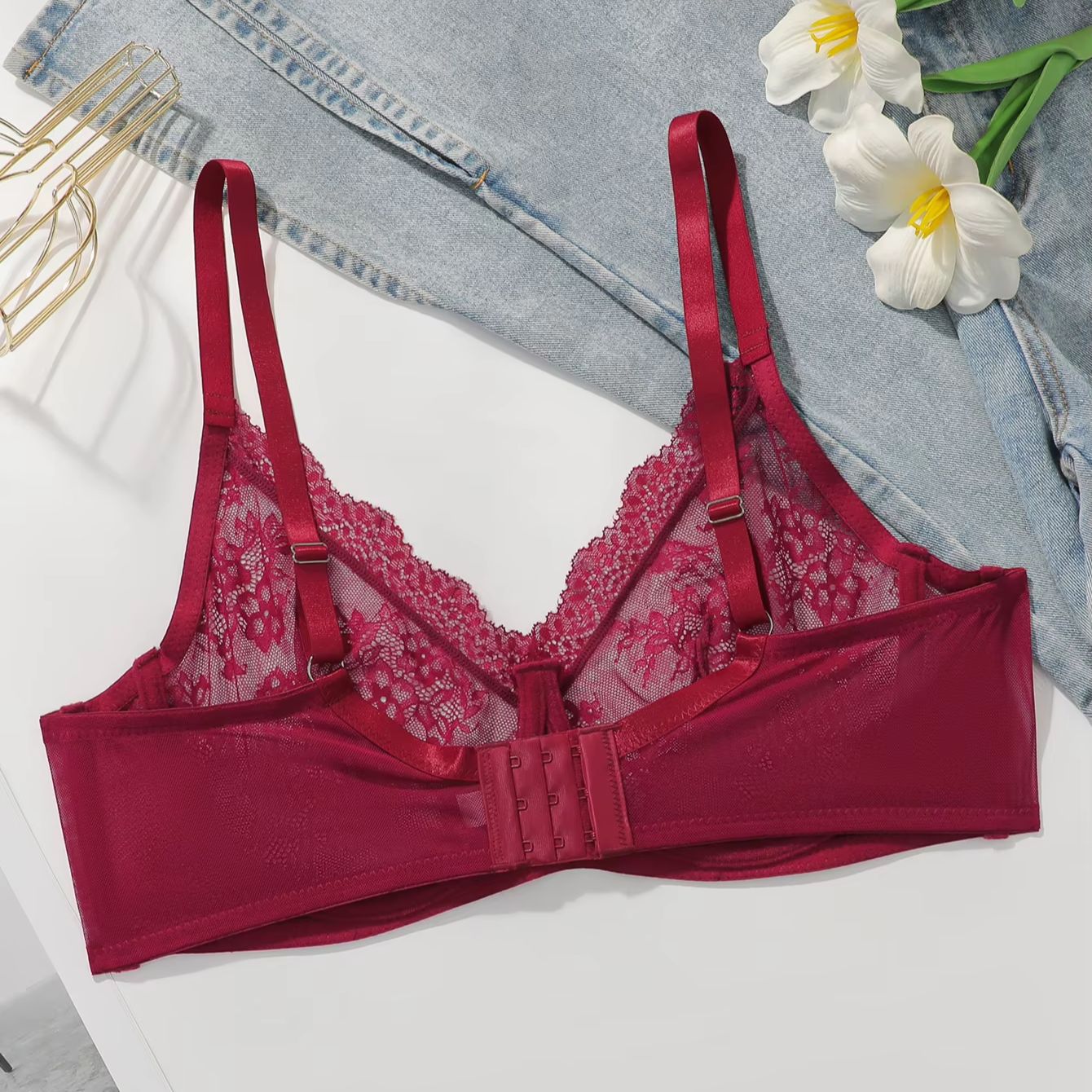 Women Plus Size Red Lace Sheer - Full Coverage Bra บทวิจารณ์และราคา