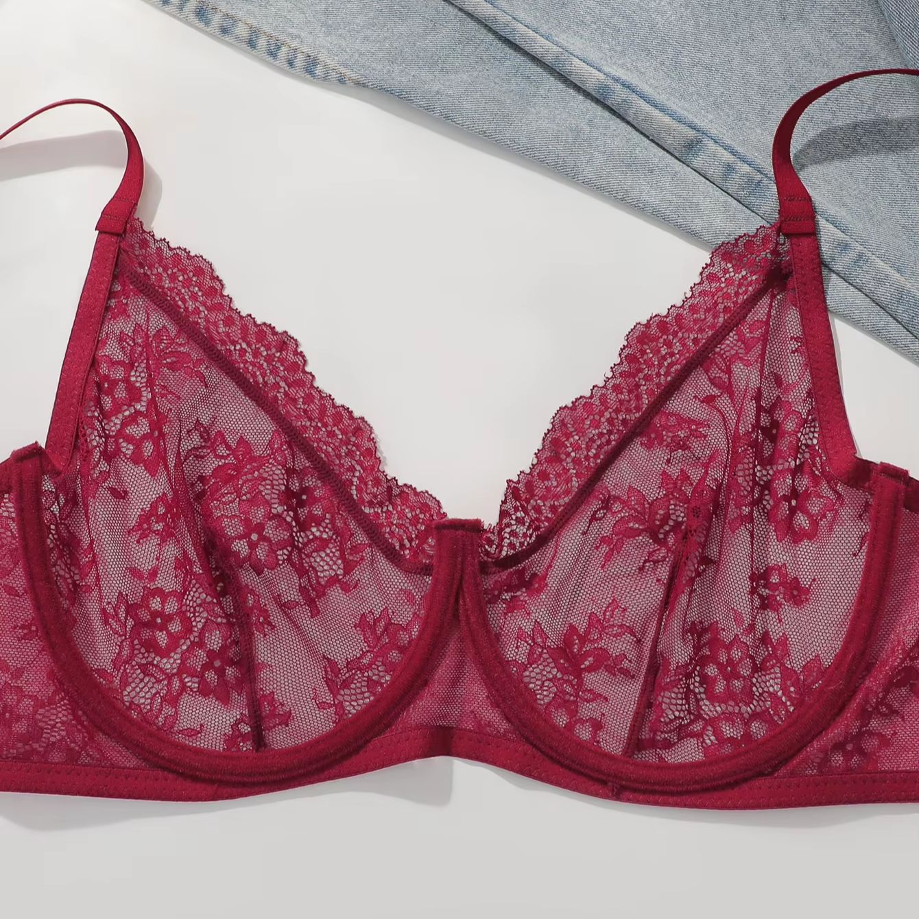 Women Plus Size Red Lace Sheer - Full Coverage Bra บทวิจารณ์และราคา
