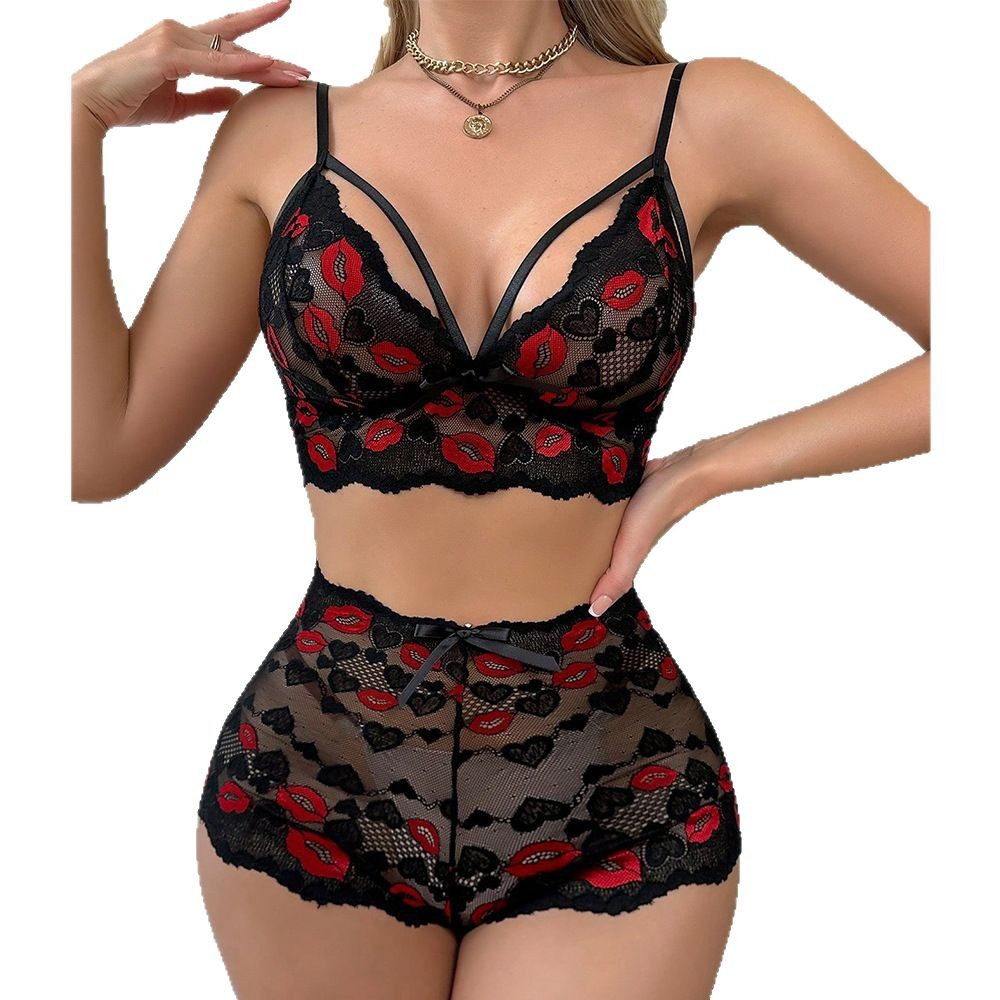 Babydoll Lingerie Set Red Lips - Sheer Mesh Bra บทวิจารณ์และราคา