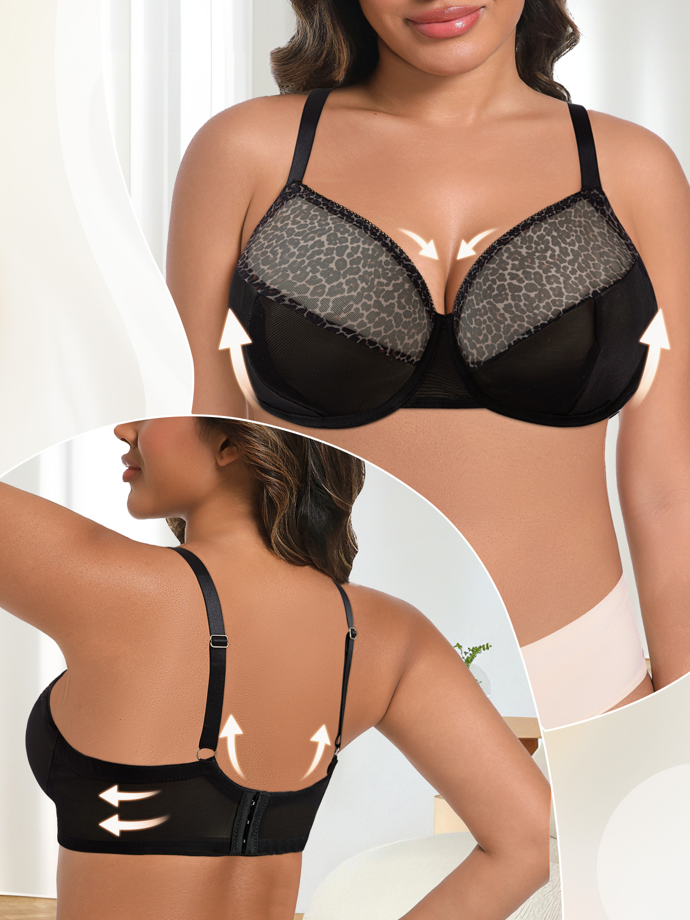 Plus Size Sexy Leopard Print & - Sheer Bra Lace บทวิจารณ์และราคา
